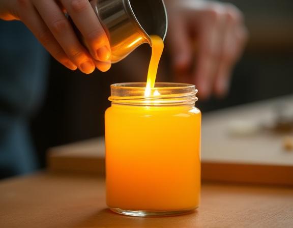 Close-up of an artisan pouring melted soy wax into a glass jar.