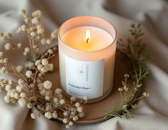 A styled shot of a candle surrounded by delicate dried flowers and botanical elements.